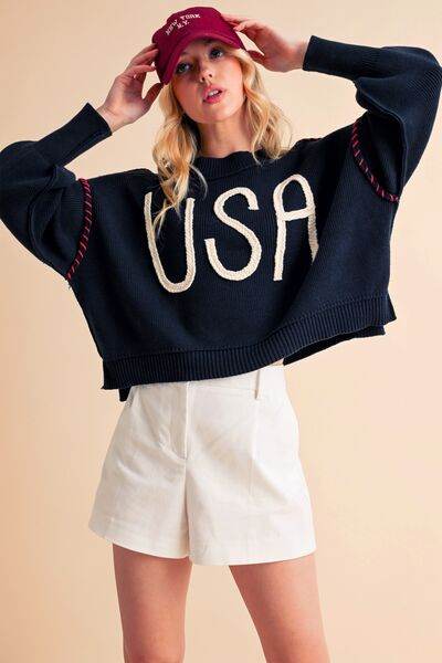 Aemi + Co USA Side Slit Round Neck Sweater - us.meeeshop