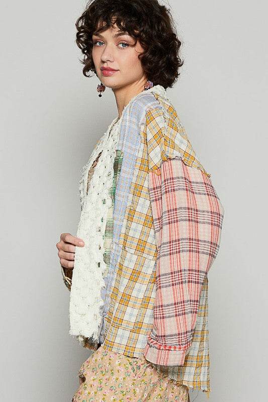 POL Raw Edge Plaid Open Front Cardigan - us.meeeshop