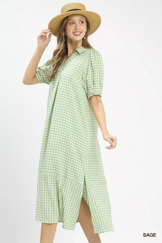umgee gingham midi Umgee Gingham Midi Dress with Side Pockets view 2 (dress) - shop at us.meeeshop