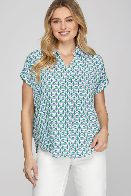 She + Sky | Printed Johnny Collar Short Sleeve Blouse Plus Size - us.meeeshop