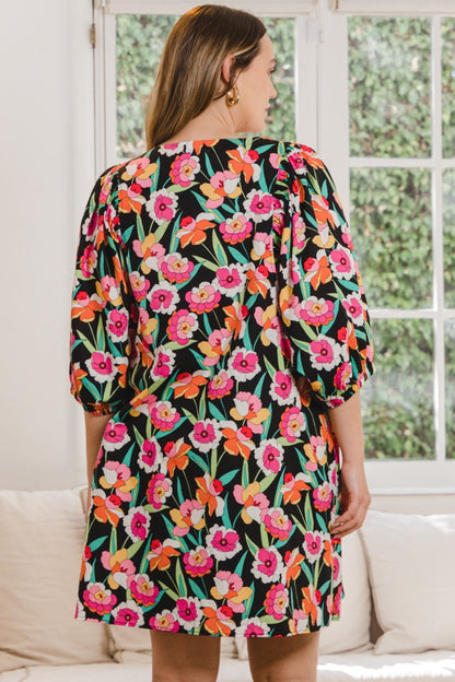 ODDI Full Size Floral Puff Sleeve Mini Dress | us.meeeshop