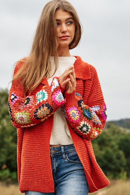 Davi & Dani Crochet Floral Printed Long Sleeve Knit Cardigan | us.meeeshop