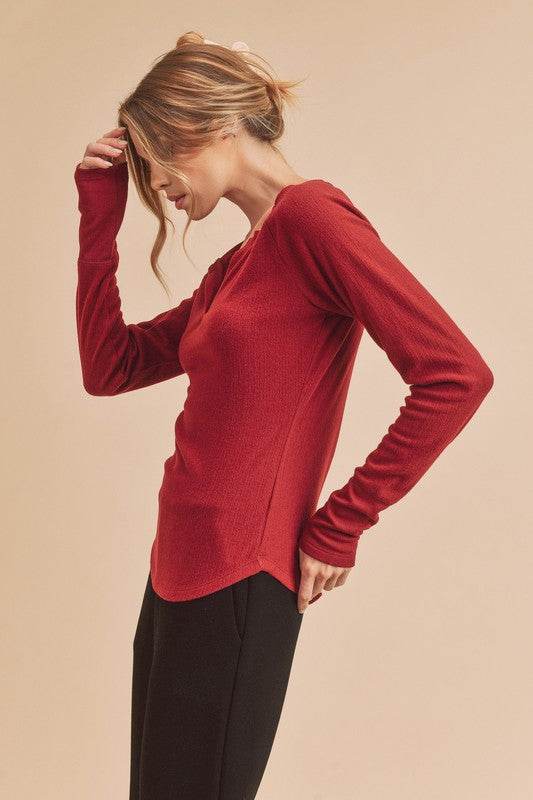 Aemi + Co Notched Raglan Sleeve Curved Hem T-Shirt - us.meeeshop