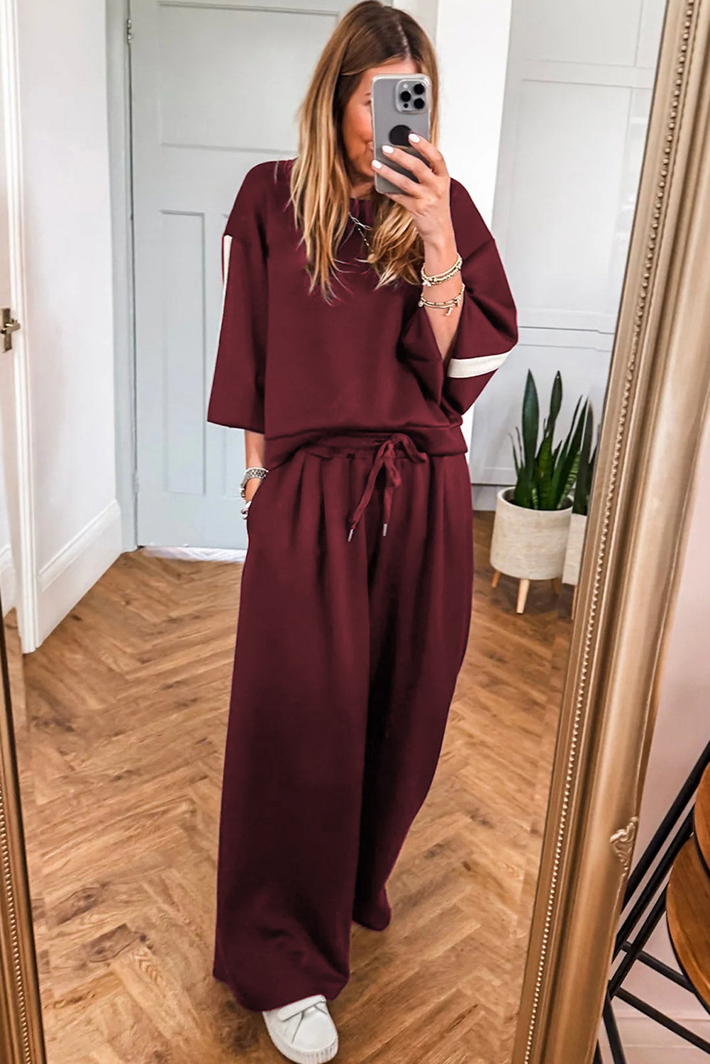 phoebe varsity striped Phoebe Varsity Striped 3/4 Sleeve Pullover Drawstring Sweatpants Set view 4 (bottom) - shop at us.meee