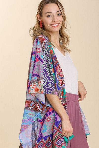 Umgee Mixed Print Ruffle Hem Open Front Cover Up Plus Size - us.meeeshop