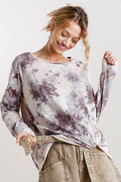 Umgee Tie Dye Front Gathered Detail Round Neck Long Sleeve T-Shirt Plus Size - us.meeeshop