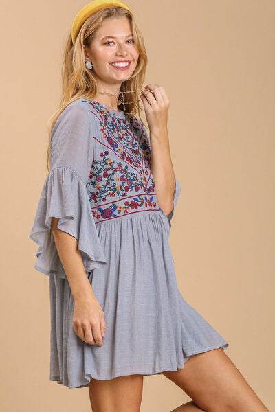 Umgee Floral Embroidered 3/4 Bell Sleeve Keyhole Dress Plus Size - us.meeeshop