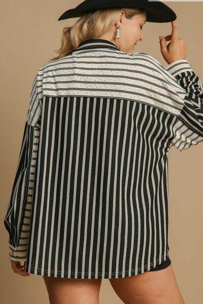 Umgee Pointelle Stripped Half Button Collared Neck Top Plus Size - us.meeeshop