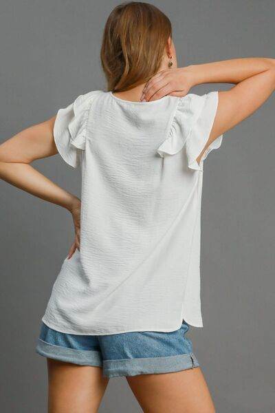 Umgee V-Neck Double Layered Ruffle Sleeve Blouse Plus Size - us.meeeshop