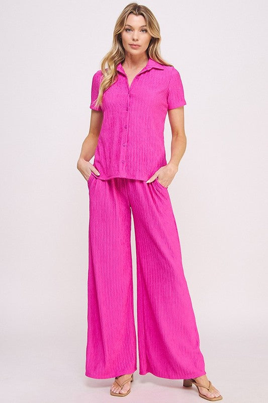 Textured Short Slv Button Down/wide Leg Pants Set (women's outfit sets) view 11 - shop at us.meeeshop