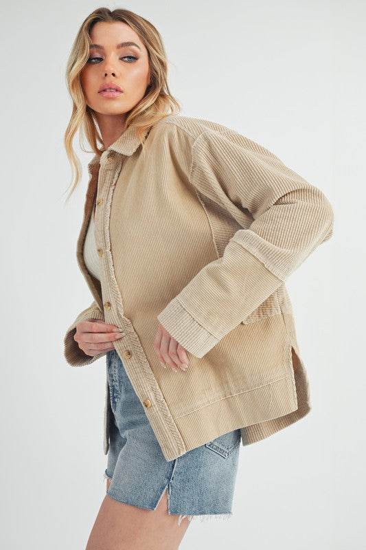 Aemi + Co Side Slit Exposed Seam Button Up Corduroy Jacket - us.meeeshop