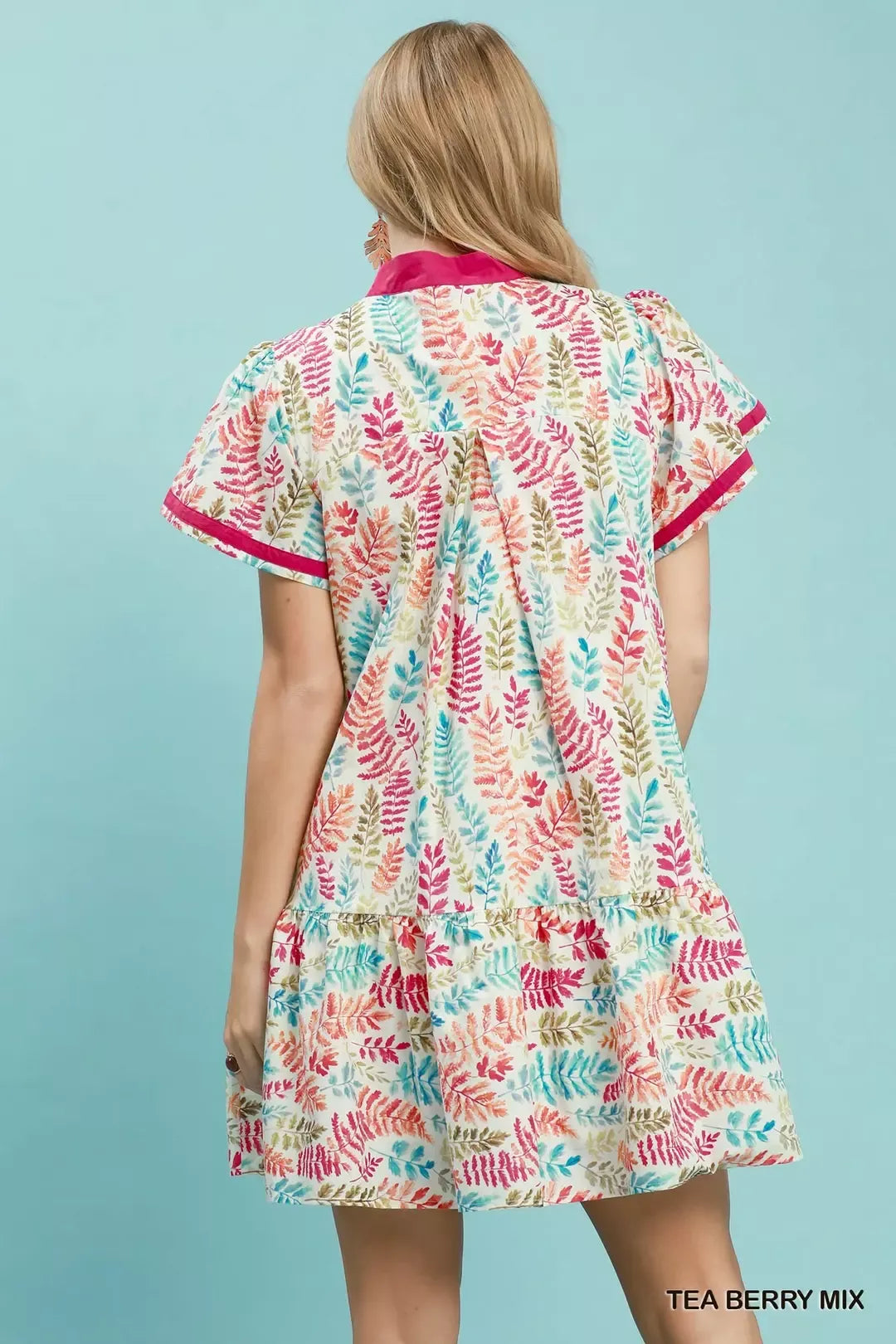 umgee leaf print Umgee Leaf Print Flutter Sleeve Tiered Mini Dress view 3 (dress) - shop at us.meeeshop