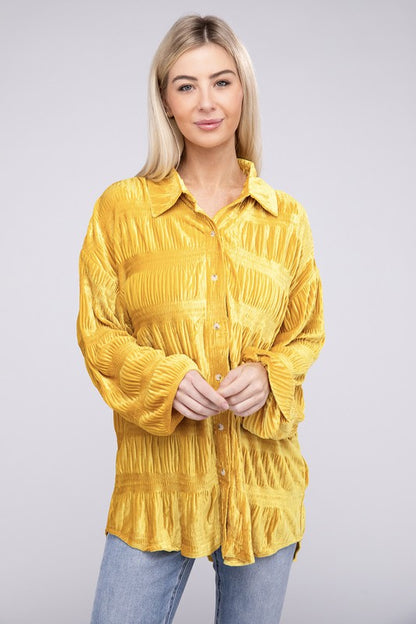 Wrinkle Effect Tiered Shirring Velvet Shirt | us.meeeshop