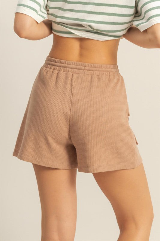 HYFVE Drawstring Waffle Knit Front Pocket Shorts in Tan - us.meeeshop