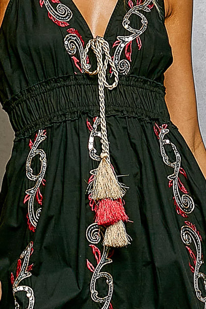 pol embroidered detail Pol Embroidered Detail Tassel Tie Smocked Waist Midi Tiered Cami Dress view 6 (dress) - shop at us.mee