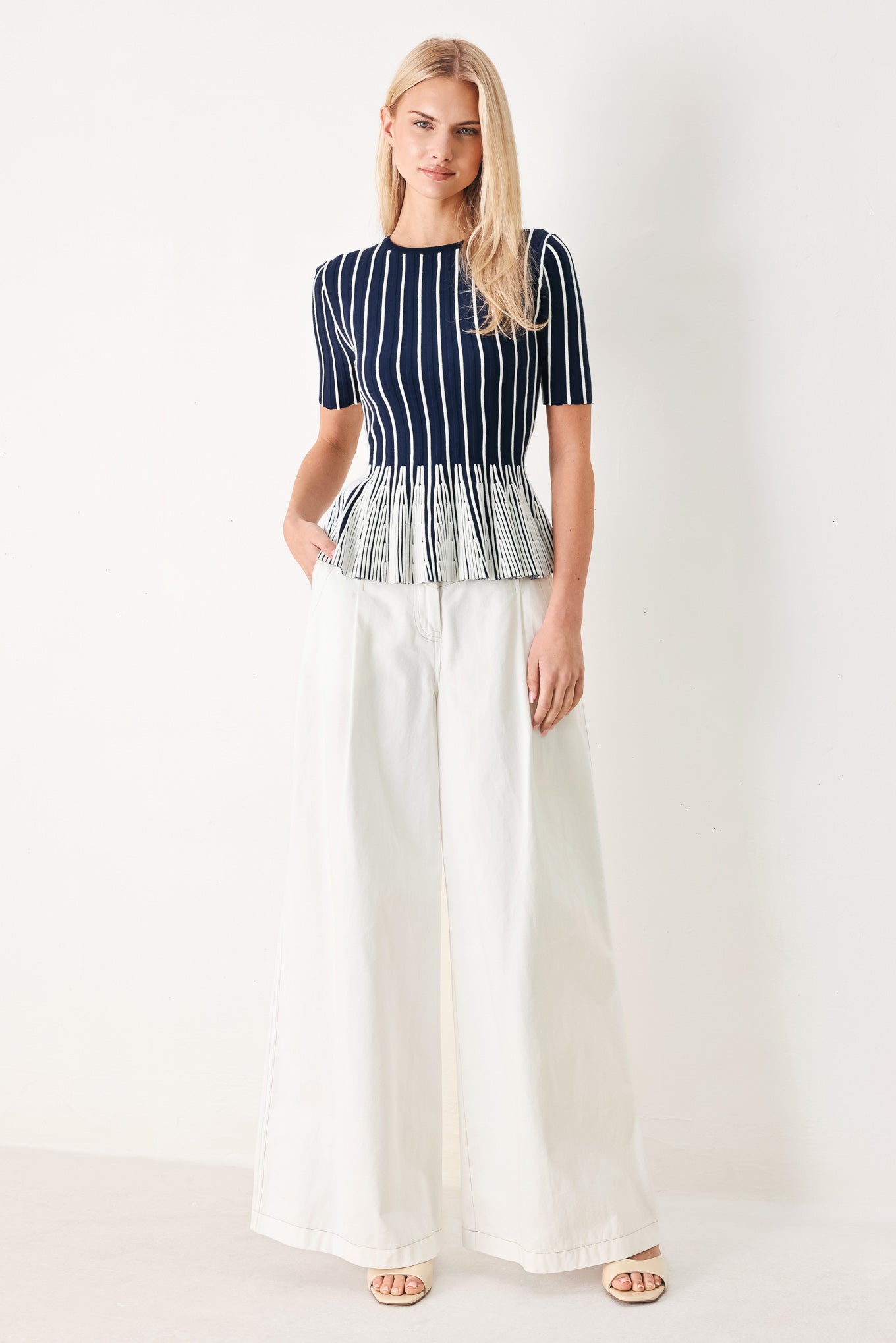 Easy Summer Stripe Sweater Knit Top in NAVY/WHITE view 3 - Summer Outfit Idea - Easy Summer Sweater Knitting Pattern