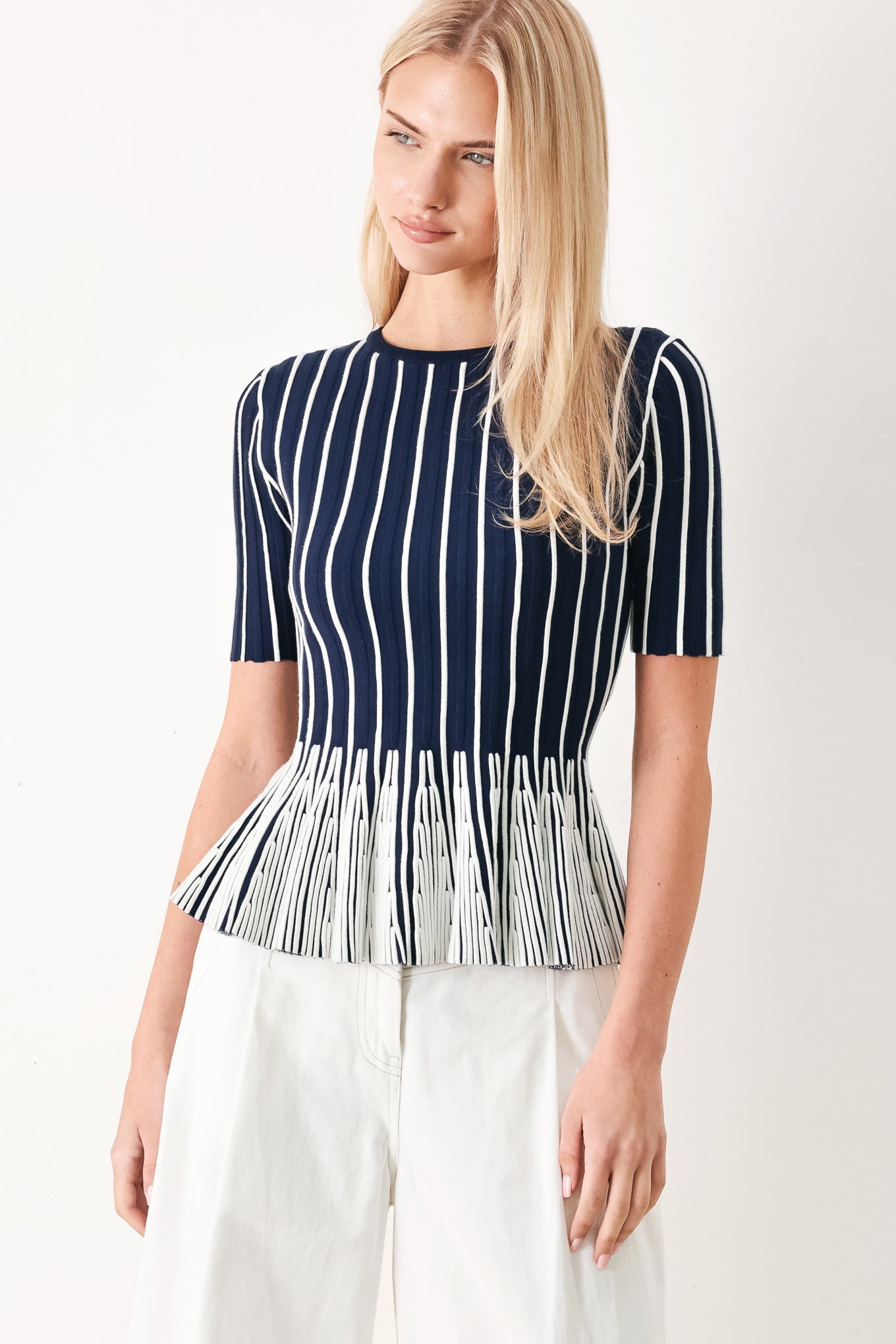 Easy Summer Stripe Sweater Knit Top in TAUPE/WHITE view 4 - Summer Outfit Idea - Easy Summer Sweater Knitting Pattern
