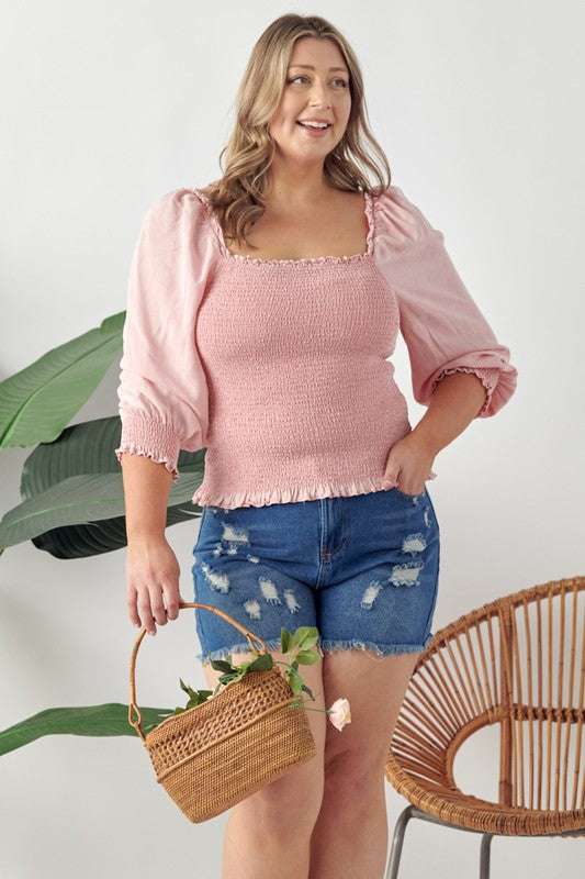 GeeGee | Ruffled Smocked Frill Square Neck Top Plus Size - us.meeeshop