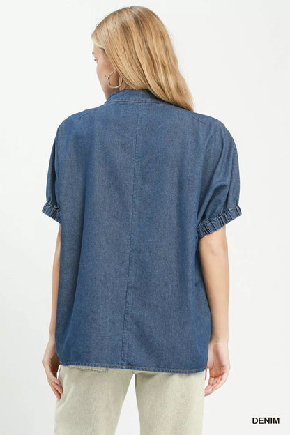 umgee embroidered denim Umgee Embroidered Denim Puff Sleeve Top view 4 (top) - shop at us.meeeshop