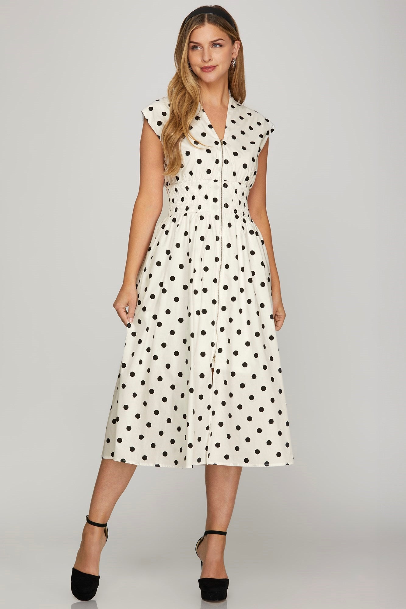 She + Sky Front Zip Polka Dots Cap Sleeve Midi Dress in OFF WHITE - us.meeeshop