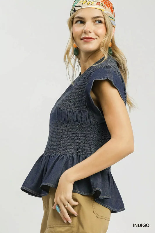 umgee smocked peplum Umgee Smocked Peplum Top with Scalloped Ruffle Cap Sleeves view 2 (top) - shop at us.meeeshop