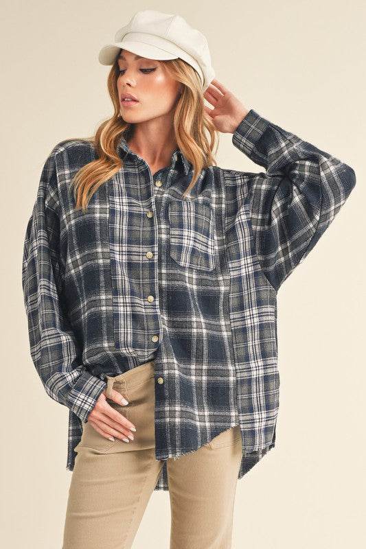 Aemi + Co Frayed Hem Plaid Button Up Flannel Shirt in Dark Navy - us.meeeshop