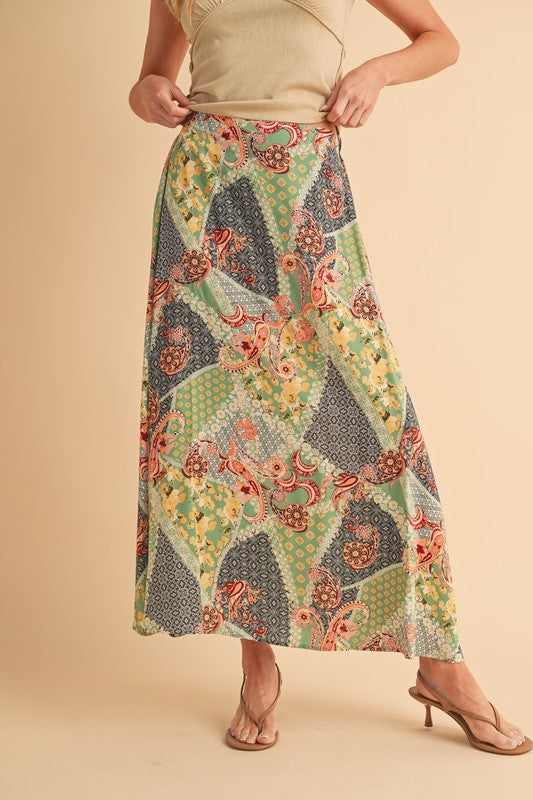 Aemi + Co Printed Maxi Skirt in Sage/Golden - us.meeeshop