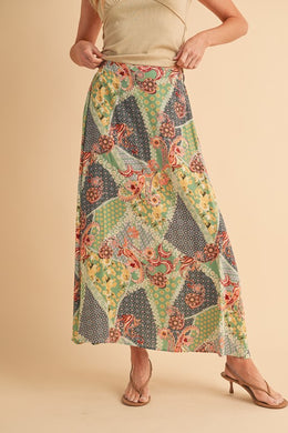 Aemi + Co Printed Maxi Skirt in Sage/Golden