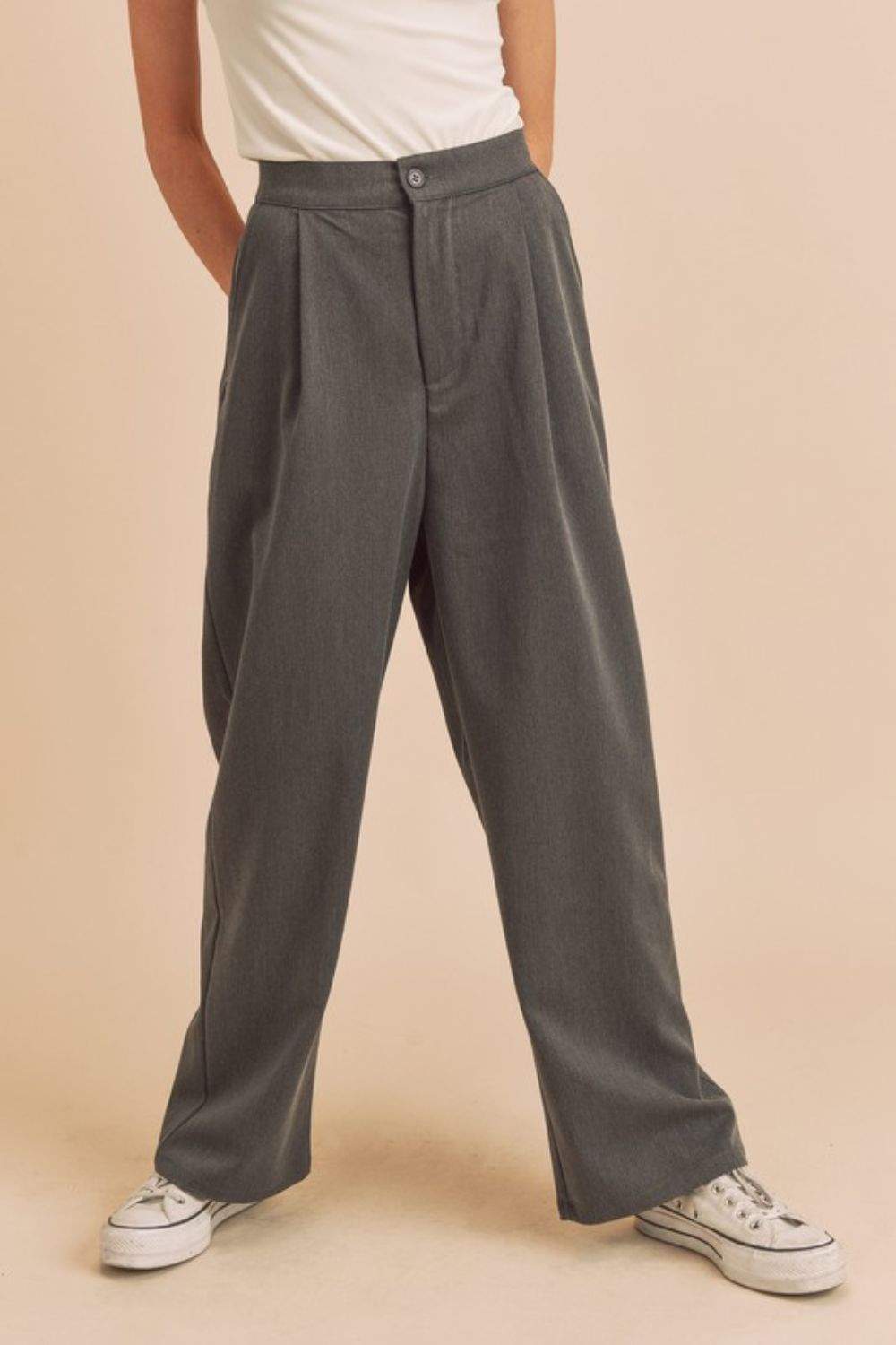 Aemi + Co High Waist Wide Leg Pants with Side Pockets in Charcoal - us.meeeshop