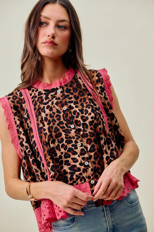 SO ME Leopard Button up Pleated Sleeveless Blouse (women's shirts & tops) view 2 - shop at us.meeeshop