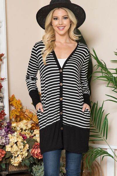 Celeste Striped Button Up Long Sleeve Cardigan Plus Size - us.meeeshop