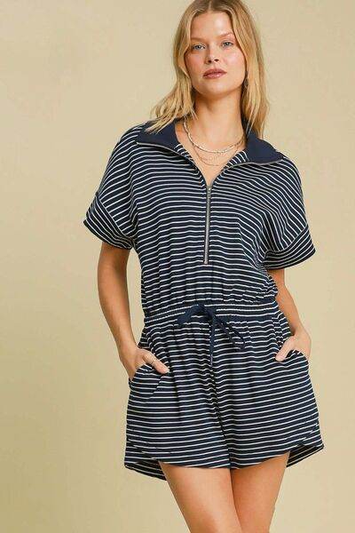 Umgee Half Zip Striped Romper Plus Size - us.meeeshop