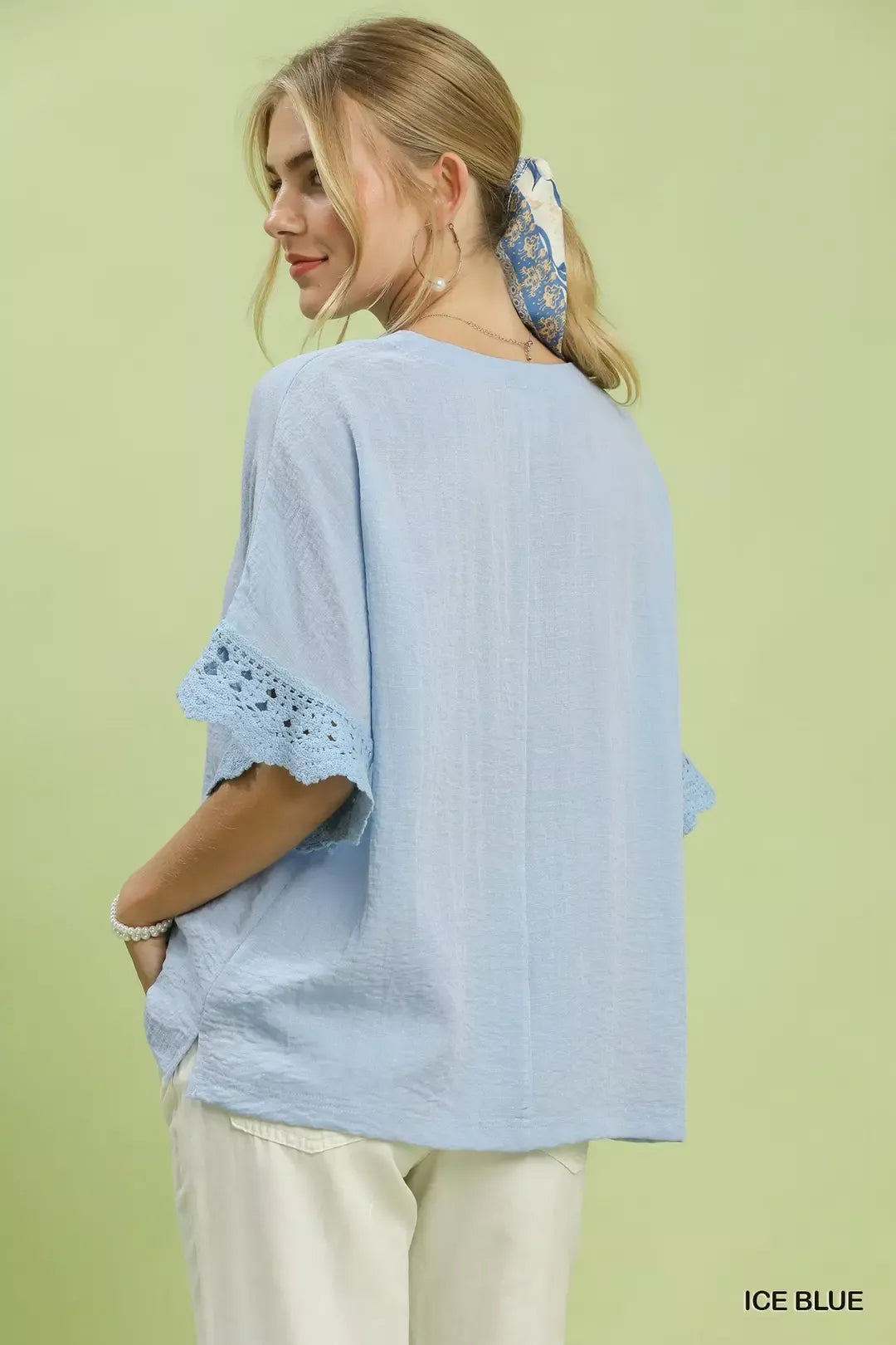 umgee crochet trim Umgee Crochet Trim Flutter Sleeve Top view 3 (top) - shop at us.meeeshop