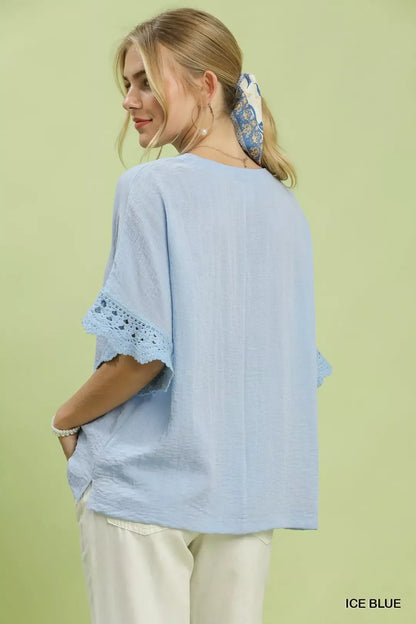umgee crochet trim Umgee Crochet Trim Flutter Sleeve Top view 3 (top) - shop at us.meeeshop