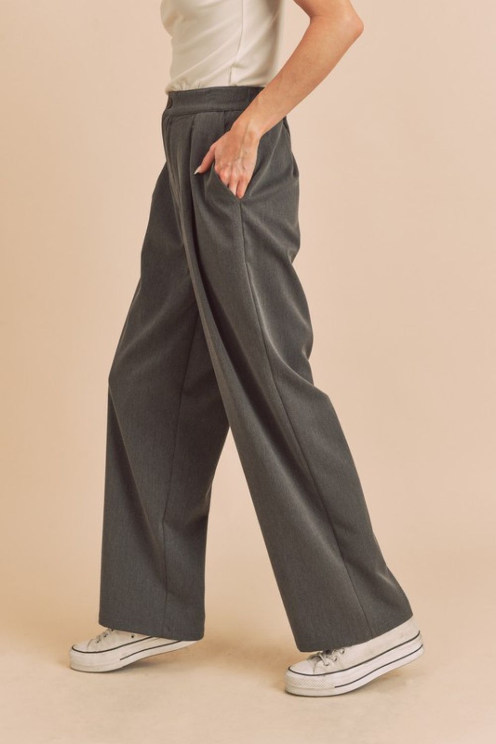 Aemi + Co High Waist Wide Leg Pants with Side Pockets in Charcoal - us.meeeshop