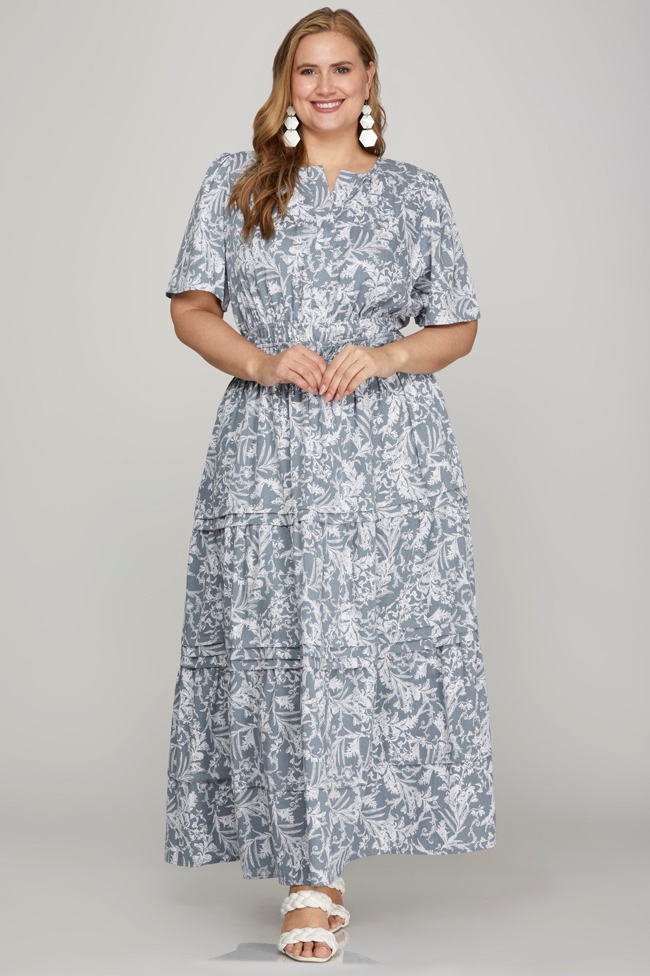 She + Sky Printed Notched Woven Tiered Pintuck Maxi Dress with Side Pockets in Air Force Blue - us.meeeshop