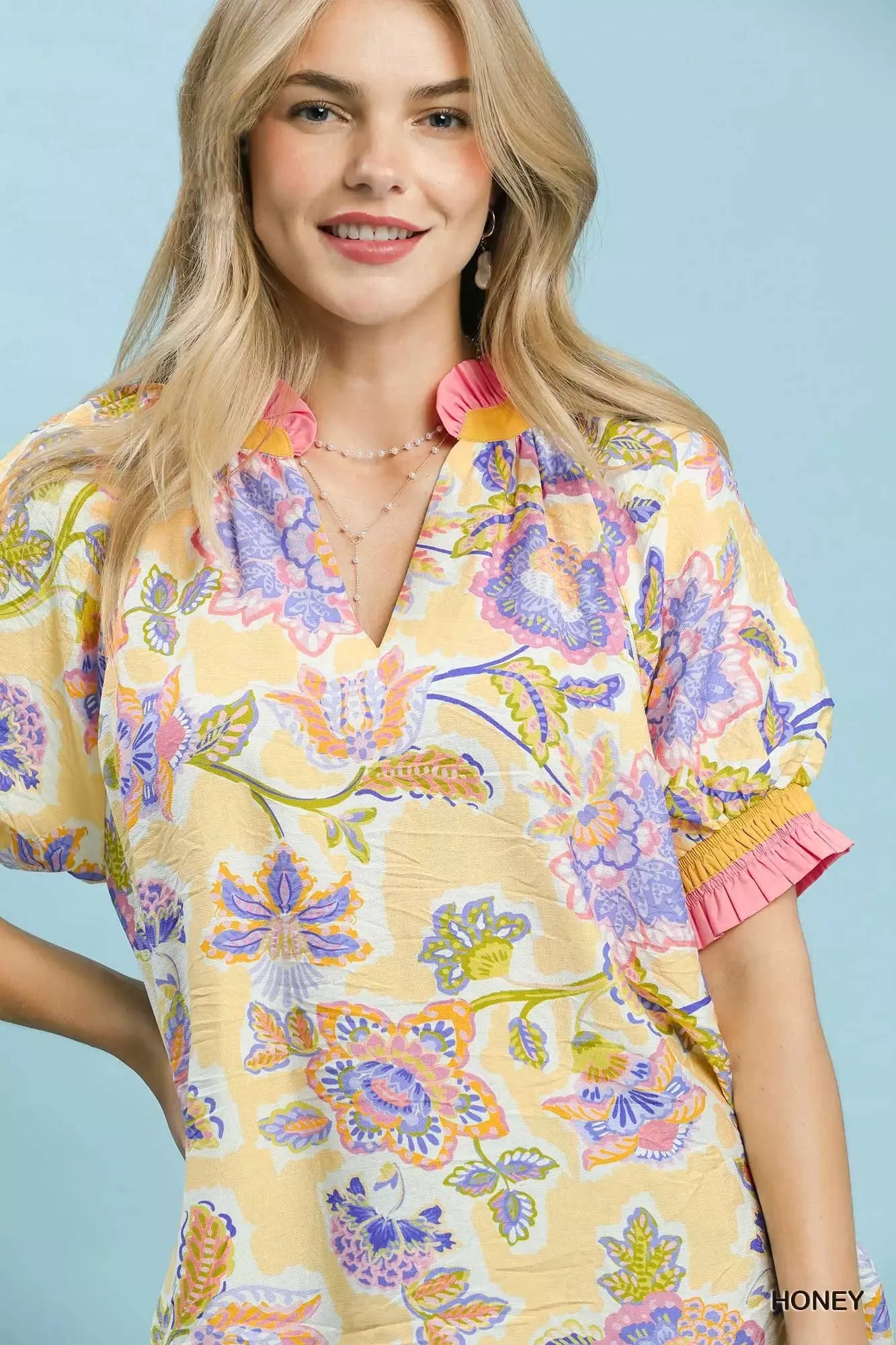 umgee floral print Umgee Floral Print Ruffled Short Sleeve Top view 5 (top) - shop at us.meeeshop