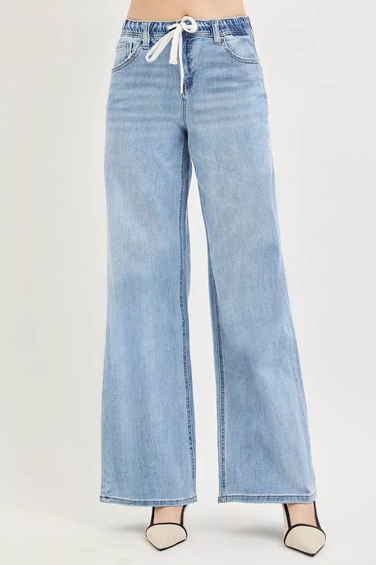 risen elastic band Risen Elastic Band Slouchy Wide Jeans with Drawstring view 2 (bottom) - shop at us.meeeshop