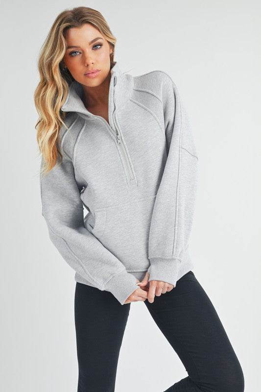 Aemi + Co Half Zip Raglan Sleeve Sweatshirt with Kangaroo Pocket in Light Gray - us.meeeshop