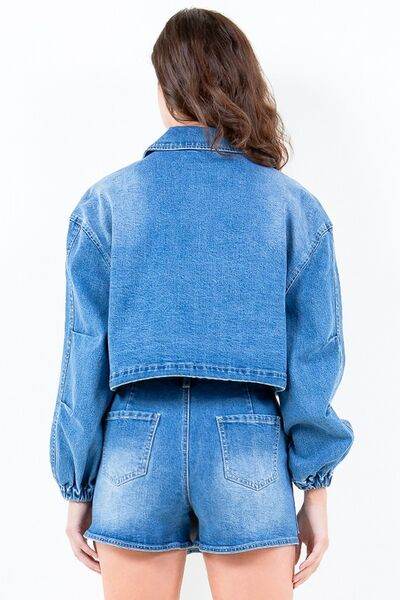 American Bazi Drop Shoulder Cropped Denim Jacket with Waist Strap Plus Size - us.meeeshop