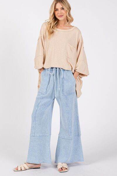 SAGE + FIG Waffle Textured Wide Leg Mineral Washed Pants - us.meeeshop