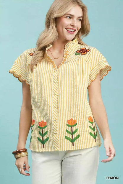umgee embroidered stripe Umgee Embroidered Stripe Button Front Top LEMON (top) - shop at us.meeeshop