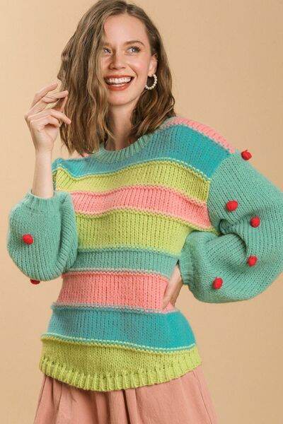 Umgee Color Block Cable Knit Sweater with Pom Pom Plus Size - us.meeeshop