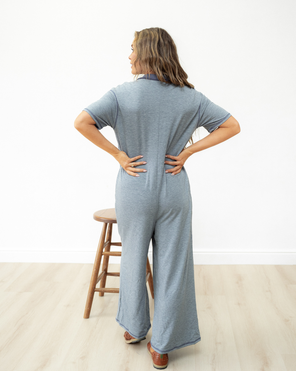 Eddie Pocket Short Sleeve Jumpsuit Beau Blue view 3 (bottom) - short jumpsuit, pocket short jumpsuit - shop at us.meeeshop
