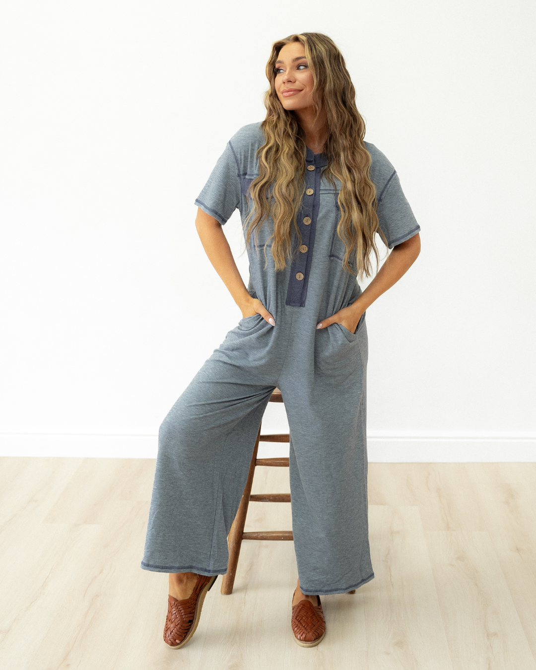 Eddie Pocket Short Sleeve Jumpsuit in Beau Blue - Short Jumpsuit (bottom)