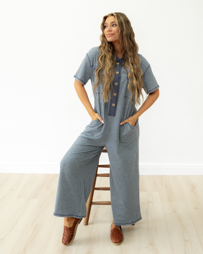 Eddie Pocket Short Sleeve Jumpsuit in Beau Blue - Short Jumpsuit (bottom)