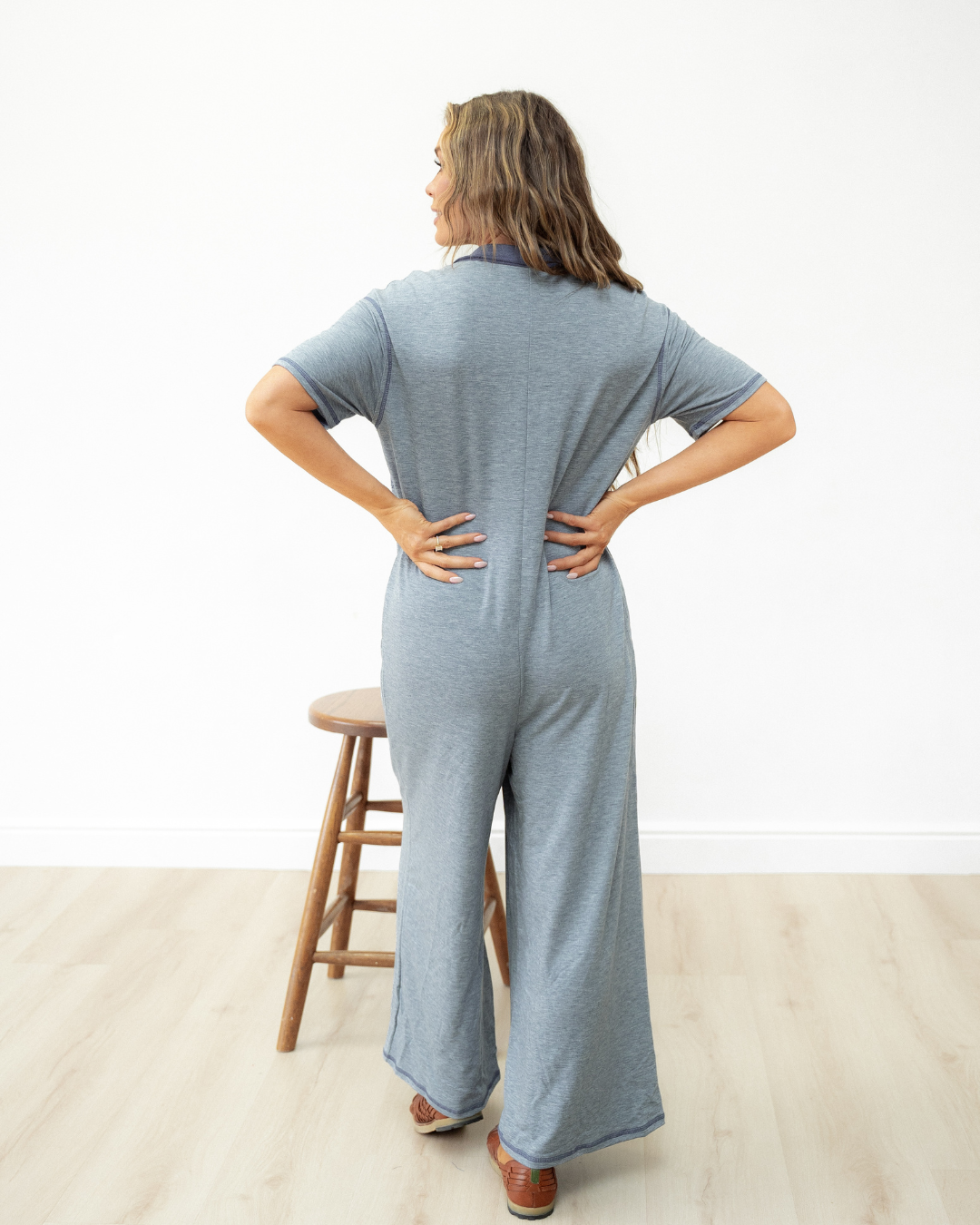 Eddie Pocket Short Sleeve Jumpsuit in Beau Blue view 3 - Short Jumpsuit (bottom)
