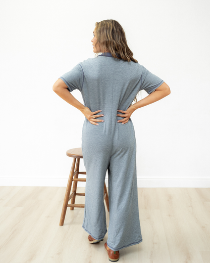 Eddie Pocket Short Sleeve Jumpsuit in Beau Blue view 3 - Short Jumpsuit (bottom)