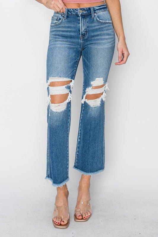 RISEN Mid Rise Distressed Cropped Flare Jeans | us.meeeshop