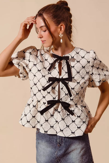 bow texture woven So Me Bow Texture Woven Peplum Top with Contrast Tie view 5 (top) - shop at us.meeeshop